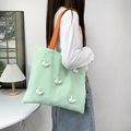 Borsa tote in tela a scacchi verdi con decorazioni a papera 3D e manici arancio - Anatra 3D Strisce Verdi