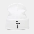 White knitted beanie featuring black cross embroidery detail for a retro unisex street style - M (56-58cm) / White