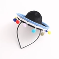 Mini black felt Mexican sombrero headband with blue trim and colorful pom-poms - Black Felt-Colorful Pompoms-Blue Trim