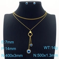 Golden Evil Eye jewelry set with double necklace and stud earrings dimensions shown - Round Evil Eye Style (KS201215-HDJ)