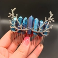 Blue crystal moon branch hair comb with silver wire wrapped stones for women - Dark Blue + Branch