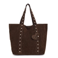 Brown suede tote bag with rivets and heart charm, stylish commuter handbag in trapezoid shape - Brown
