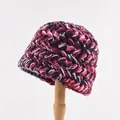 Chunky mixed knit beanie in pink and navy blue colors for winter warmth - One Size / Neon Hat Purple