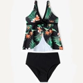 Flat lay of a V-neck tankini with tropical floral print top and high-waisted black bottom - 104 / Frangipani Print