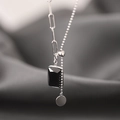 Minimalist 925 silver necklace with black geometric gemstone pendant and tassel chain - 925 Silver / White Gold Tone Black Zirconia