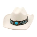 White felt cowboy hat with embroidered floral band and a turquoise stone centerpiece - One Size / White