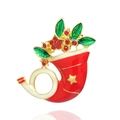 Christmas brooch pin featuring a red horn with green enamel leaves and red rhinestones - Christmas Horn