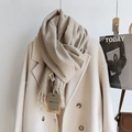 Detail of beige cashmere-feel scarf with fringe hanging on coat and quality label - Beige Khaki / 200cm