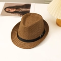 Men's brown straw fedora hat with black ribbon and metal buckle for beach sun protection - L (58-60cm) / Coffee