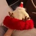 Winter knitted reindeer antler Christmas hat in beige with plush red trim for warmth - 3443-Antler Color Block Style / Beige