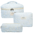 Quilted cotton 3-piece makeup bag set with light blue floral pattern and top handle - Green Leaf Orchid