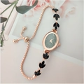 Women's rose gold wheat ear bracelet watch with green oval dial and leaf accents - Black
