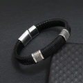 Bracciale punk da uomo in pelle nera intrecciata con chiusura magnetica in argento - Nero/Chiusura Argento