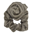 Taupe satin hair scrunchie featuring a large rose flower design for women - Brown