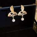 Golden fan-shaped pearl drop earrings with Chinese style hollow design on black display - Gold-Fan Pearl (23#)