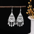Bohemian silver drop earrings with hollow flowers and vintage tassels on branch - Hollow Waterdrop Vintage Tassel Style (E6090-13)
