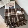 Brown and beige plaid scarf with soft fringe detail and woven premium brand label - Double Label Plaid (Coffee)