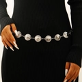 Close-up of vintage silver geometric metal waist chain with textured round plates on dress - White K Sun Pattern Style (K-1171)