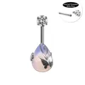Internally threaded navel ring with silver butterfly, opal teardrop, and round zircon - Blue Butterfly