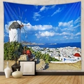 Detailed view of large Santorini wall tapestry with white windmills and blue ocean decor - 73*95CM / Mykonos Windmill Architecture (Brushed)