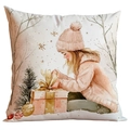 Pink and gold Christmas pillow cover featuring watercolor girl opening gift box art - Girl Opening Gift
