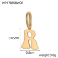 Detail view of golden letter R pendant showing 0.85cm height and 0.8g weight specs - Letter-R / Gold