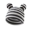 Detailed view of striped baby knit hat with 3D round ears on a clean white background - Black Grey Stripe