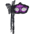 Venetian purple sequin masquerade mask with butterfly wing detail and tassel on handle - Butterfly Tassel Handheld Style / Purple