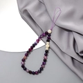 Detail of purple agate beaded phone strap with hand-woven loop on silk background - Phone Chain / Purple Striped Agate + White Jade Bodhi (K3406)