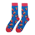 Chaussettes en tricot bleues avec détails rouges et motif frites sur fond blanc - Taille unique / Bleu Rouge Color Block Frites (A1729)