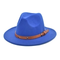 Detail of royal blue wool jazz fedora with brown leather band and metal buckle strap - M (56-58cm) / Sapphire Blue