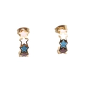 Detail of gold-plated hoop earrings with colorful enamel star charms in pink and blue - Stitched Multi-color Star