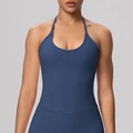 Detailed front view of navy blue high-stretch racerback sports bra with U-neck design - S / Navy Blue