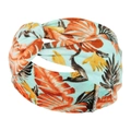 Detail view of tropical leaf print headband with soft elastic fabric and twist knot design - Light Blue Tropical Leaves (7)