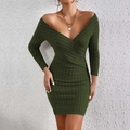 Vestido ajustado verde militar de punto acanalado con cuello en V y manga larga para mujer - S / Verde Militar