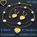 Gold stainless steel double necklace and heart earrings set with white beads and diamonds - Set / Gold