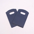 Small dark blue plastic gift bag with elegant gold horizontal stripes and handle cutouts - No. 20 (Blue & Yellow Stripes)