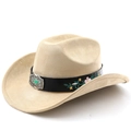 Dettaglio cappello western con ricami floreali su cinturino in pelle e fibbia turchese - M(56-58cm) / Cammello