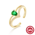 Vergoldeter 925er Silberring mit grünem Smaragd in Birnenform und weißen Diamanten - Einstellbar Offen / Überkreuzter V-Form Grüner Zirkonia Stil / Gold