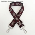 Detail of 3.8cm geometric canvas strap with burgundy patterns and silver metal hooks - Black Wine Red Silver Hook