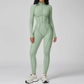 Body fitness verde menta a maniche lunghe con zip frontale e cuciture modellanti - S / Verde Salvia