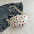 White corduroy crossbody chest bag with red strawberry pattern and adjustable strap - White