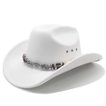 White wool felt western cowboy hat with breathable eyelets and bohemian beaded band - M (56-58cm) / White