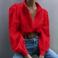 Women's red hollow out puff sleeve button-up shirt with floral embroidery detail - S / Red