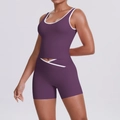 Two-piece deep purple yoga set featuring racerback tank top and crossover V-waist shorts - S / Purple