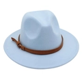 Close-up of light blue felt fedora hat featuring a brown leather band and metallic buckle - M (56-58cm) / Sky Blue (Yellow Rope)