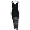 Vestito aderente nero con scollo a V, spalline, dettagli arricciati e in mesh - S / Nero