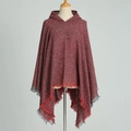 Burgundy and black knit hooded poncho with tassel hem and minimalist fringe details - Brick Red (WT144-10)