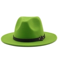Detail of neon green wool fedora hat featuring black leather band and gold metal ring - M (56-58cm) / Fruit Green