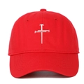 Detailed close-up of white cross embroidery on a red cotton twill baseball cap - Adjustable / Red
